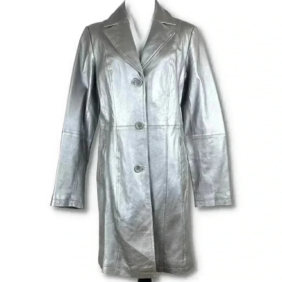 Chadwicks trench coat sz 8T Gray silver pewter metallic 100% leather vintage 90s - Picture 1 of 9